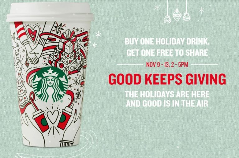 Starbucks Buy One Get One FREE Holiday Drinks Nov 9-13, 2017